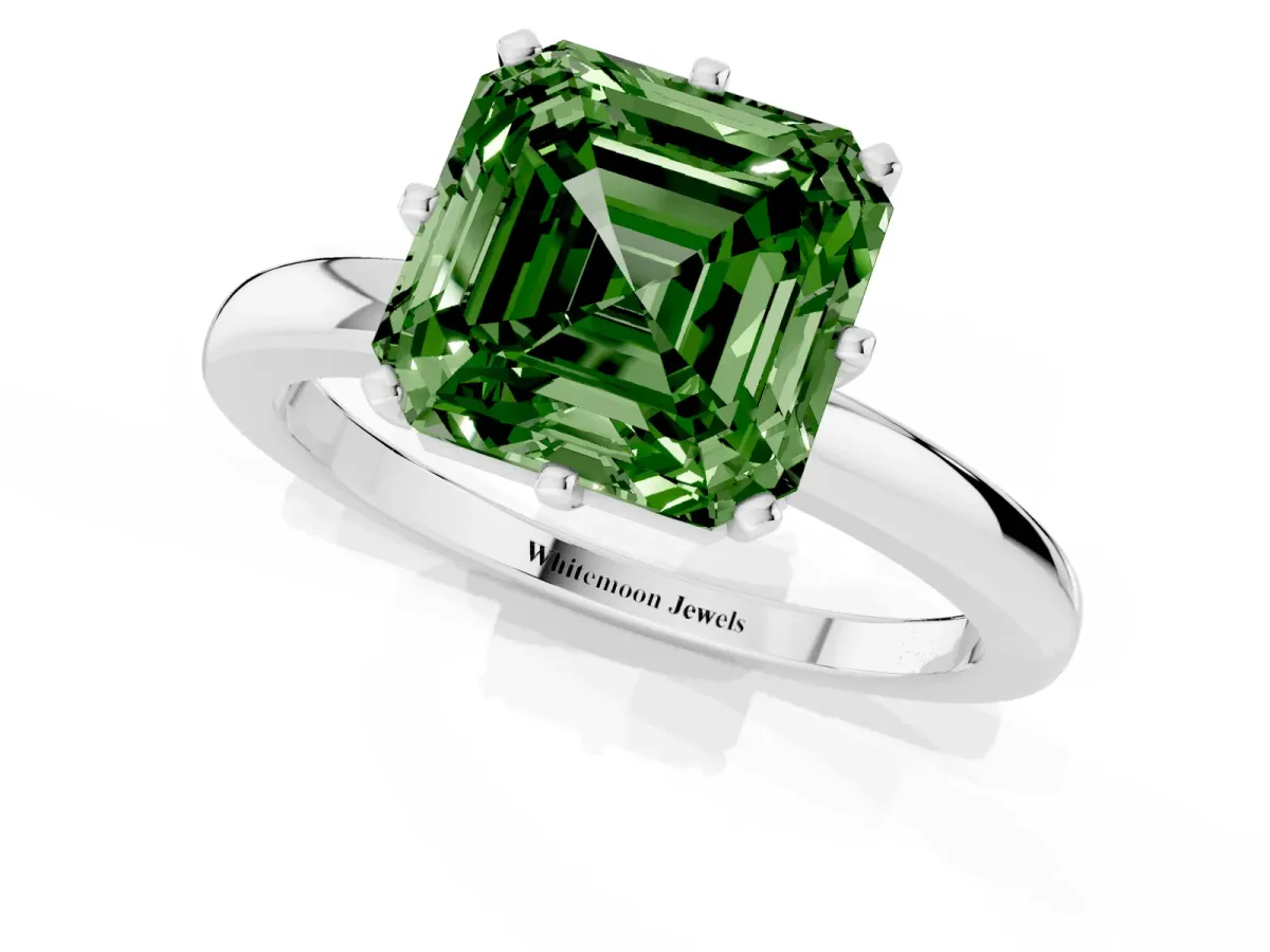Fancy Green Asscher Cut Solitaire Diamond Ring with Six-Prong Setting on a Classic Band Silver