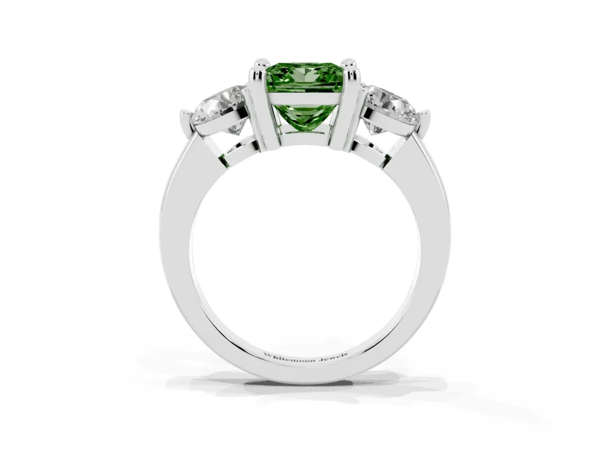 Fancy Green Three-Stone Princess Cut Brilliant Cut Solitaire Ring with Prong Setting on a Classic Band Platinum