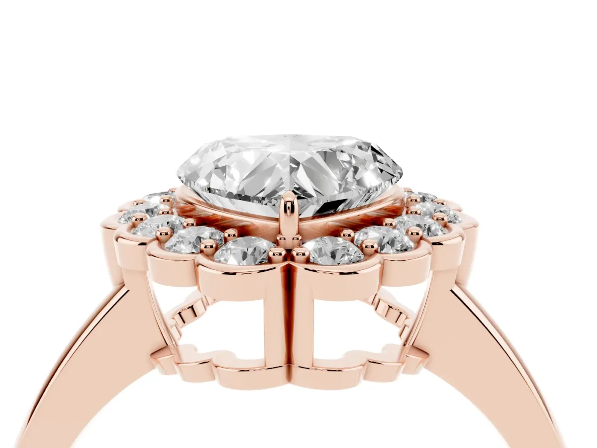 Heart Cut Halo Cluster Diamond Engagement Ring with Solitaire Band and Prong Setting Rose gold