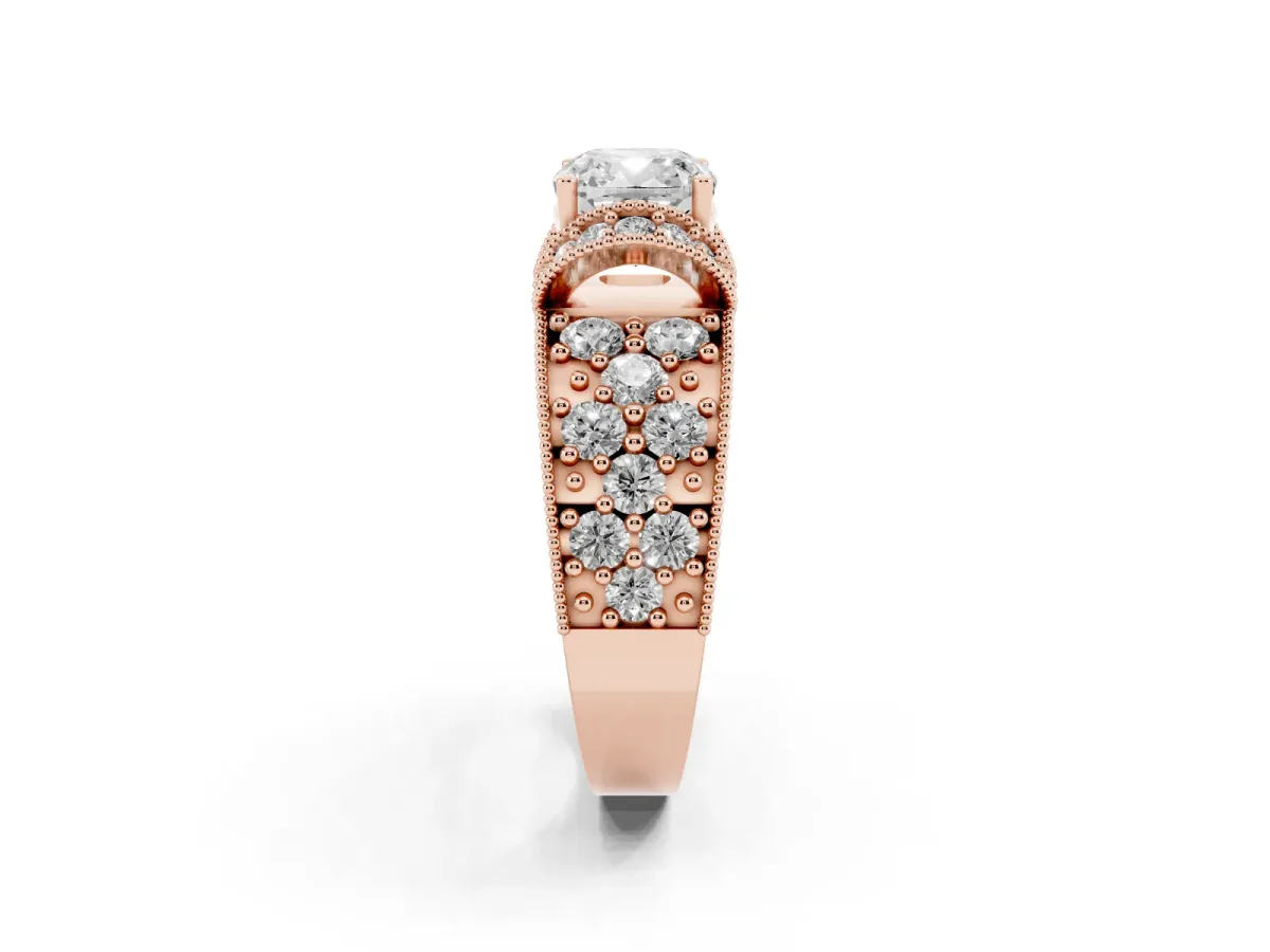 Cushion Cut Halo Pave Diamond Engagement Ring with Milgrain Detailing Rose gold