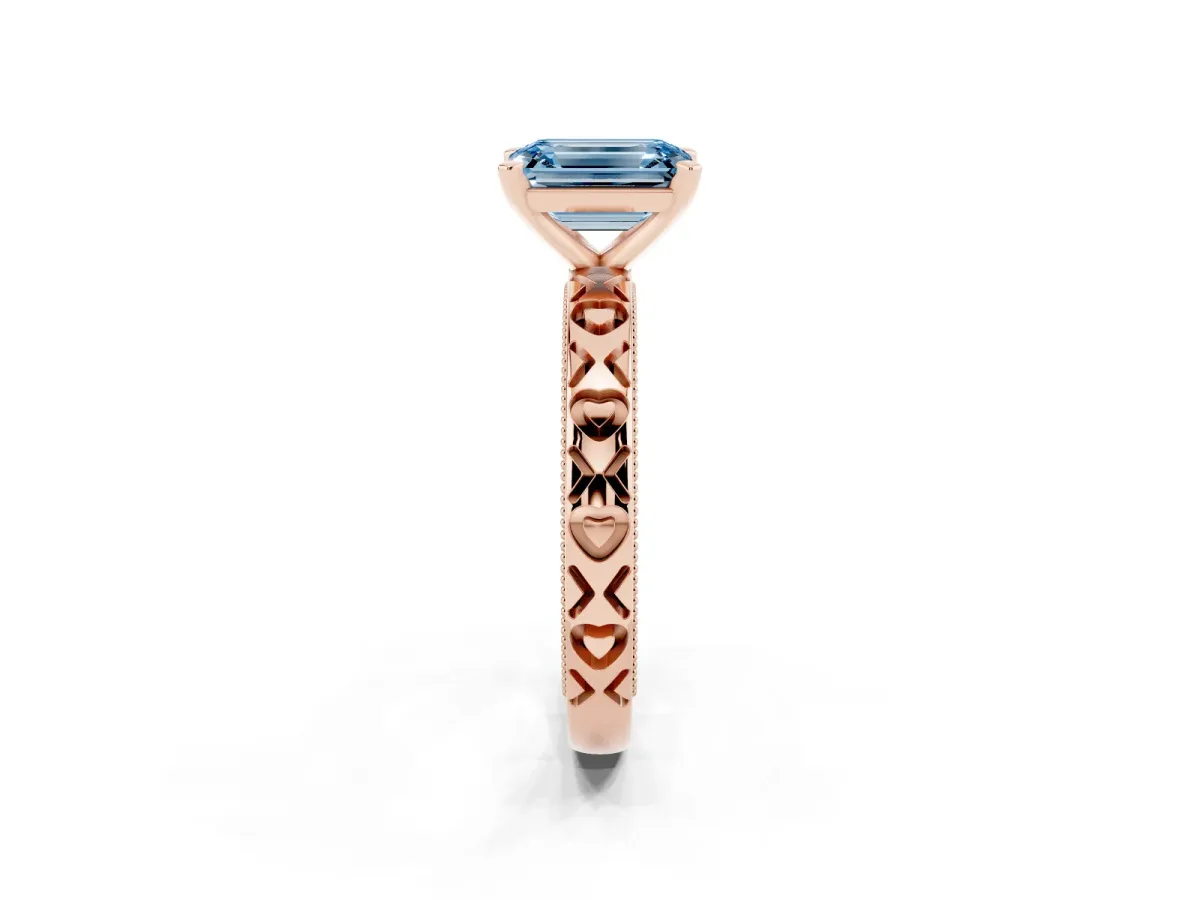 Fancy Blue Emerald Cut Solitaire Diamond Engagement Ring with XO Engraved Band and Four-Prong Setting Rose gold