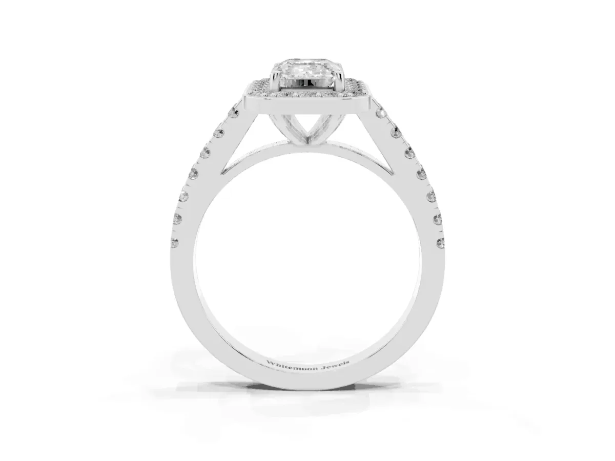 Emerald Cut Diamond Halo Ring with Round Pavé Split Shank and Prong Setting Silver