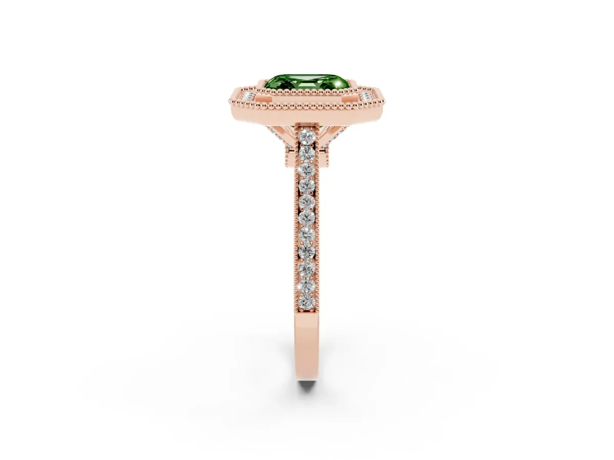 Fancy Green Asscher Cut Diamond Halo Ring with Milgrain Frame and Pavé Band Rose gold