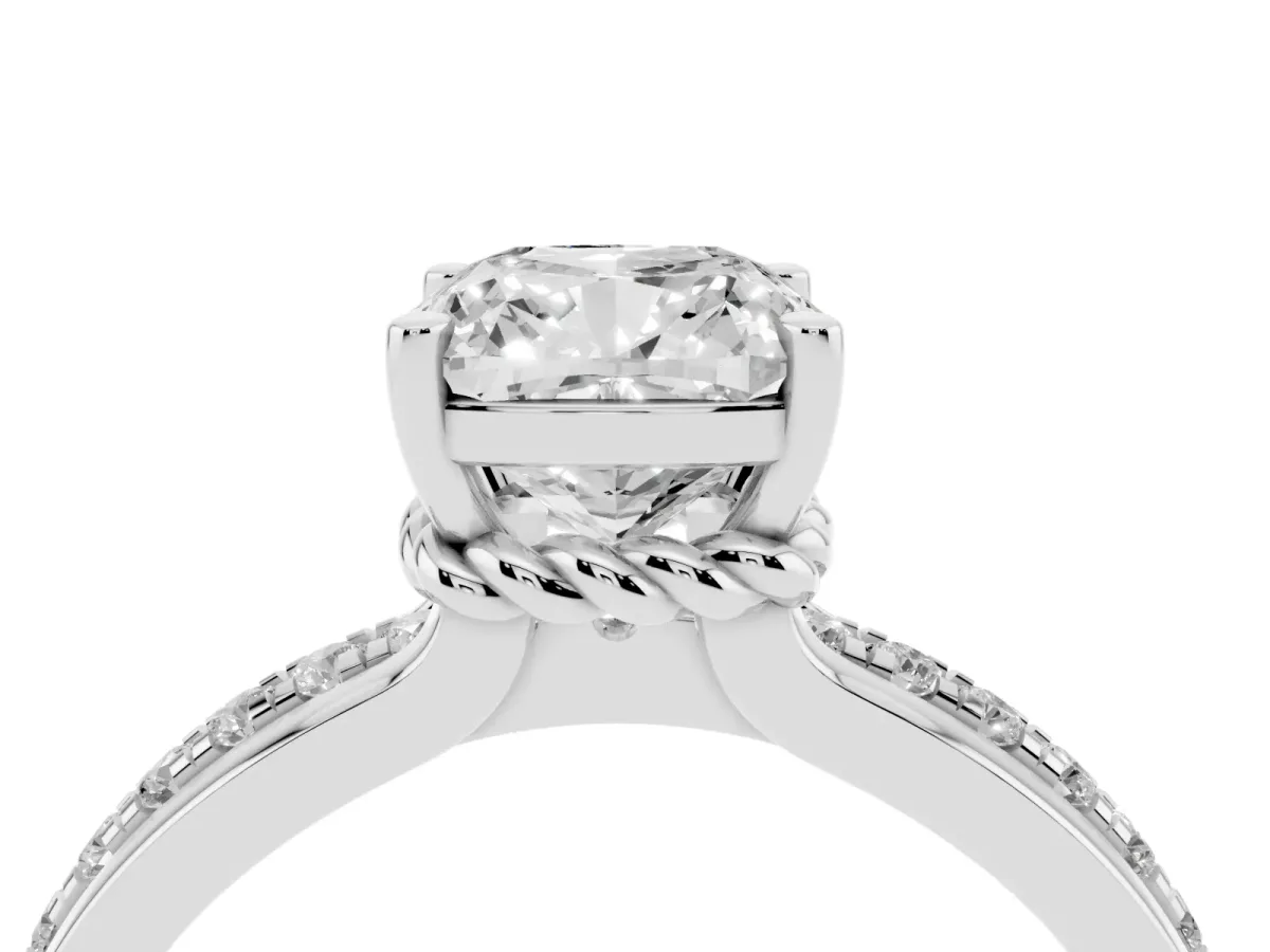Cushion Cut Solitaire Diamond Ring with Channel Set Band and Six-Prong Setting Silver