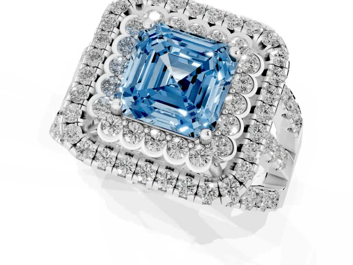 Fancy Blue Asscher Cut Diamond Double Halo Ring with Round Pavé Split Shank and Prong Setting Silver