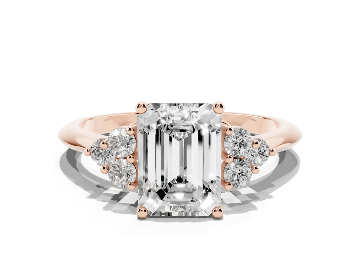 Emerald Cut Cut Diamond Cluster Ring with Solitaire Band and Four-Prong Setting Rose gold