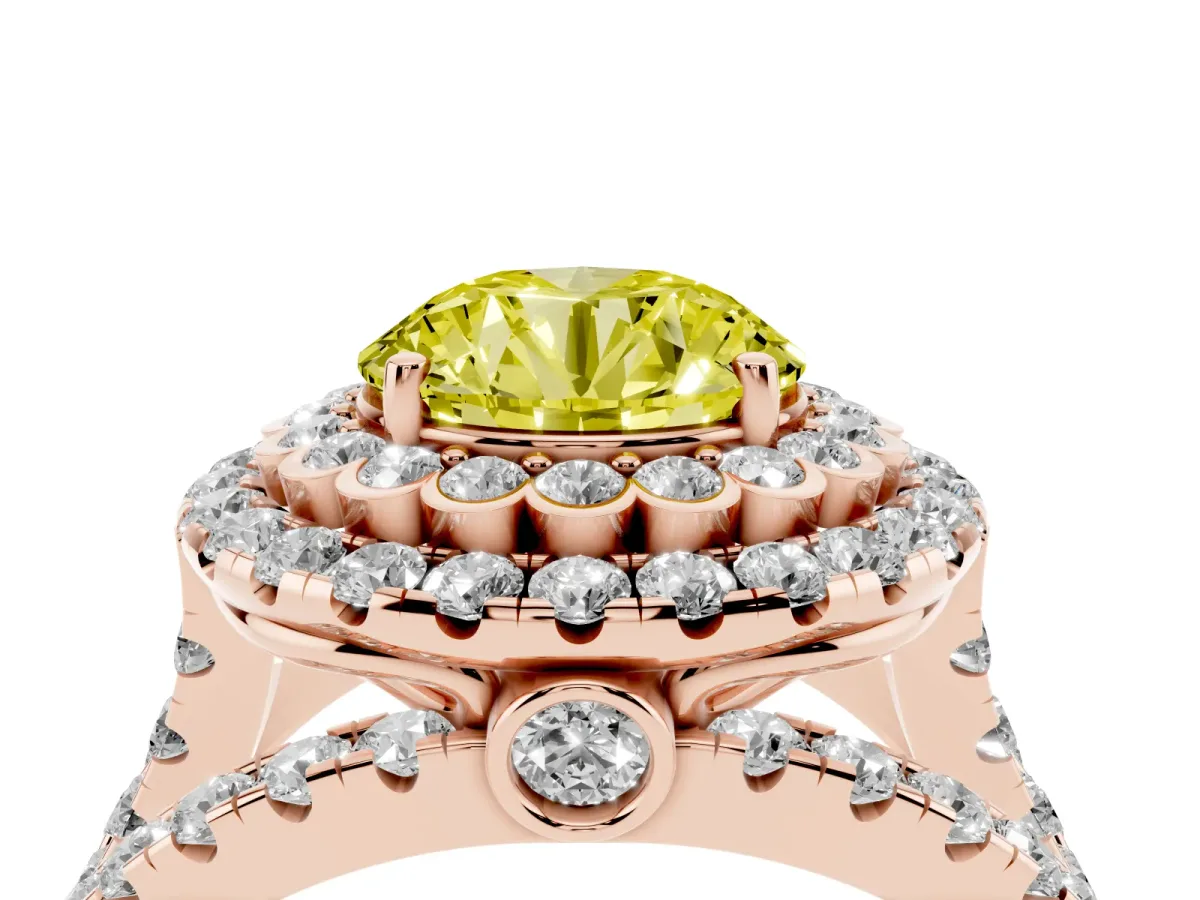 Fancy Yellow Round Cut Diamond Double Halo Ring with Round Pavé Split Shank and Prong Setting Rose gold