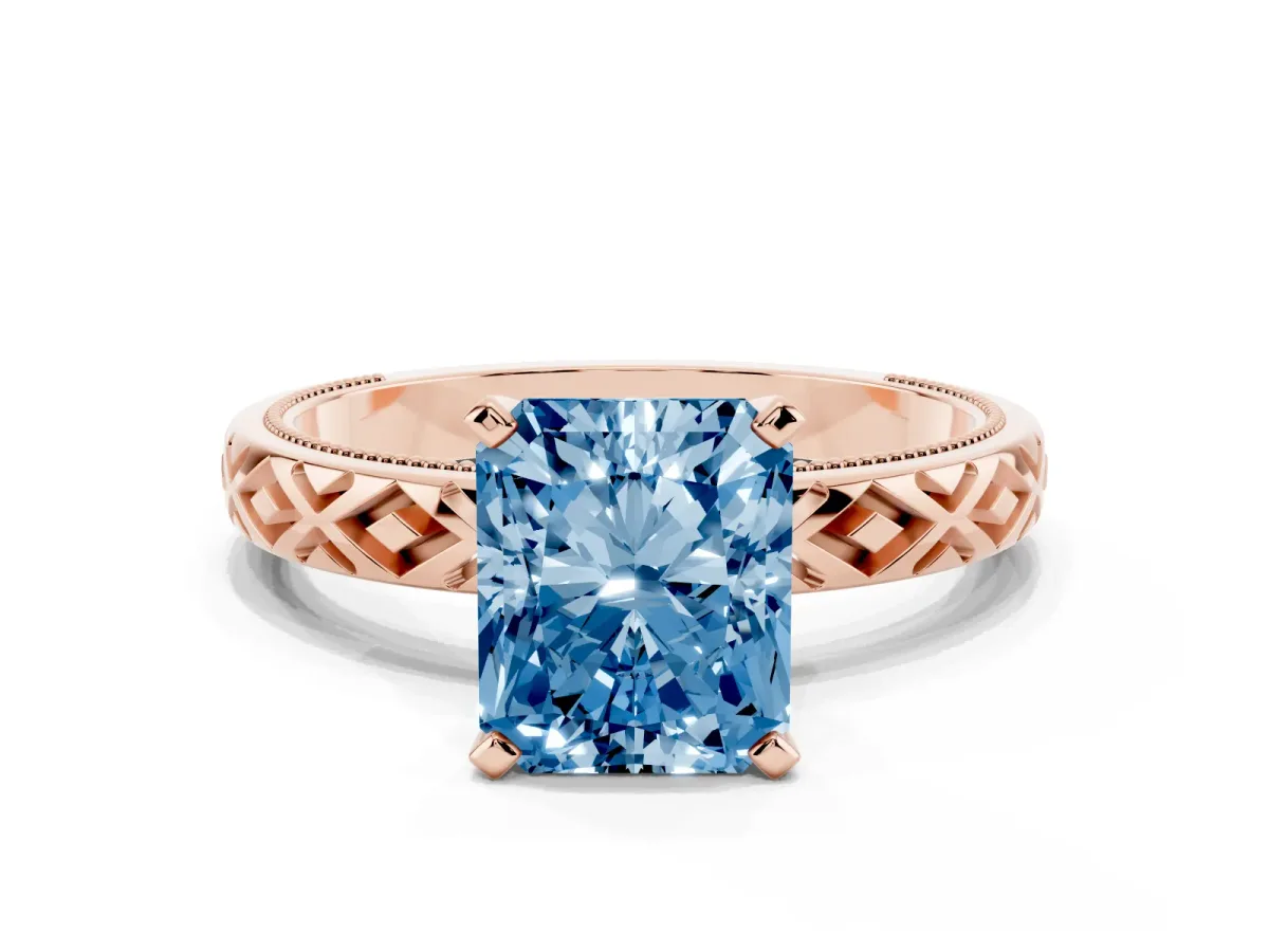 Fancy Blue Radiant Cut Solitaire Diamond Ring with Milgrain and Black Enamel X Pattern Band Rose gold