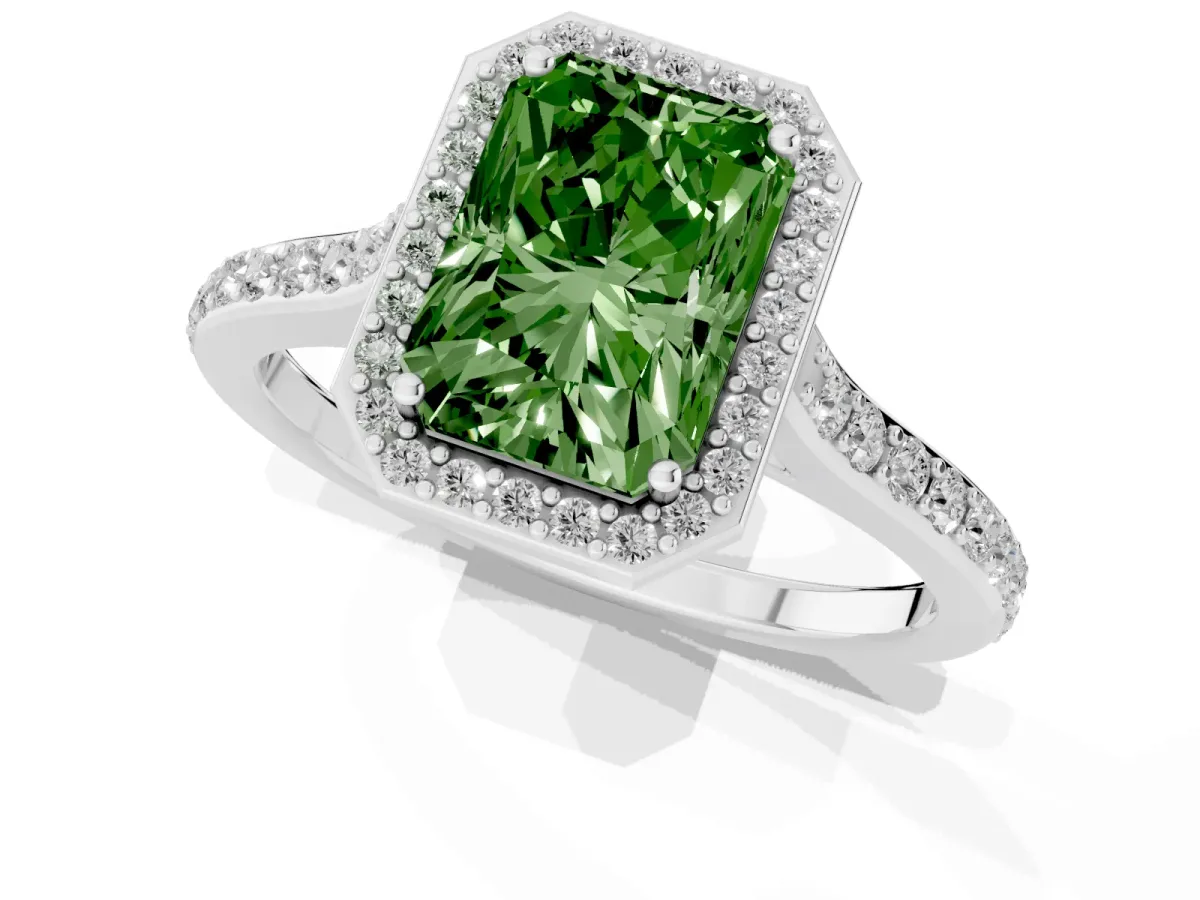 Fancy Green Radiant Cut Diamond Halo Engagement Ring with Round Pavé Shoulders and Prong Setting Silver