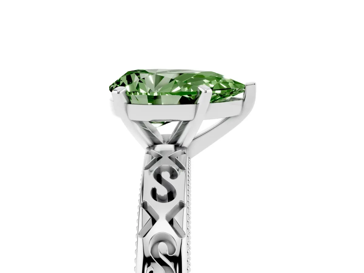 Fancy Green Pear Cut Solitaire Engagement Ring with Scrollwork Band and Four-Prong Setting White gold