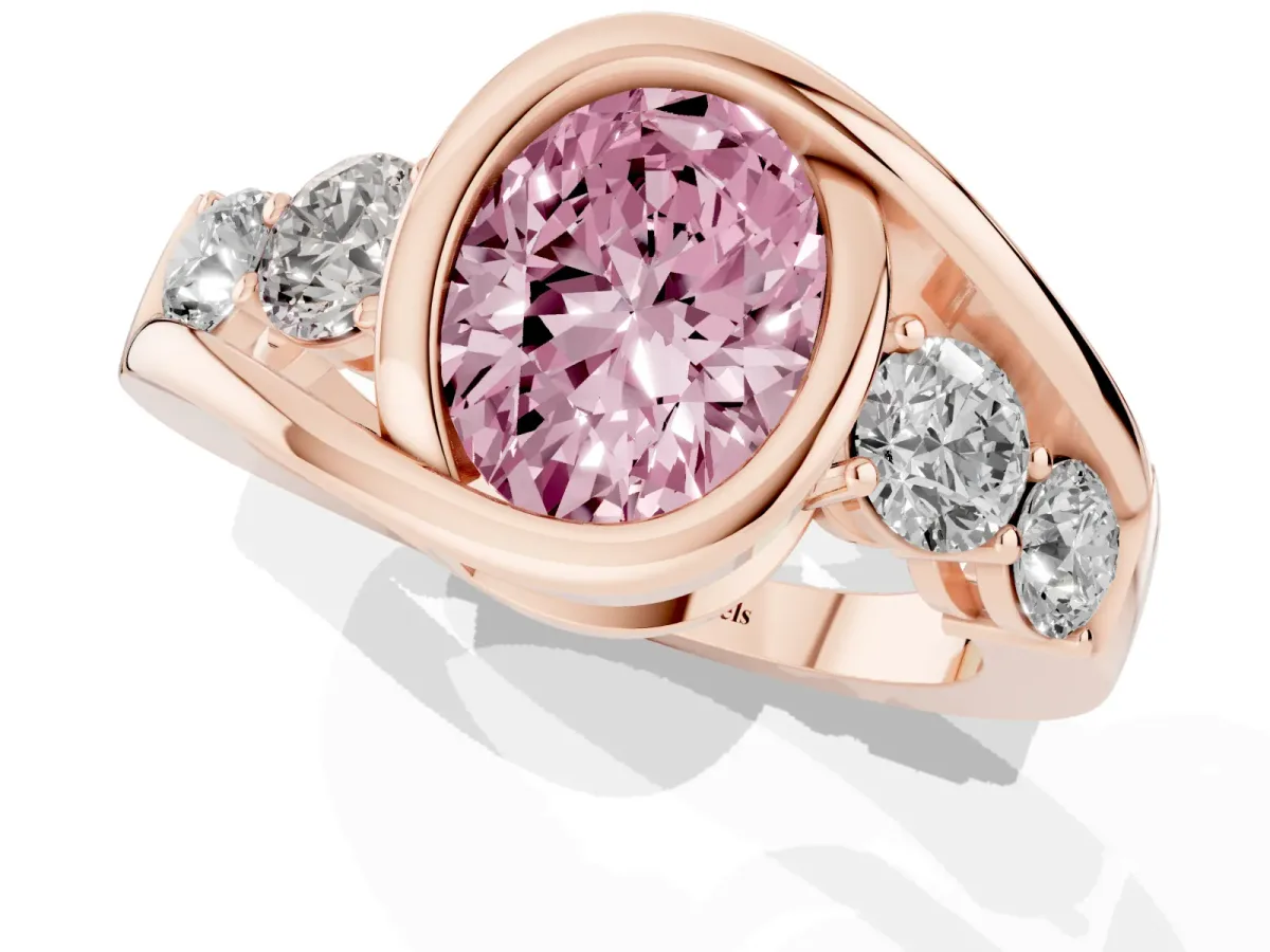 Fancy Pink Bezel Set Oval Cut Diamond Bypass Ring with Round Accents Rose gold