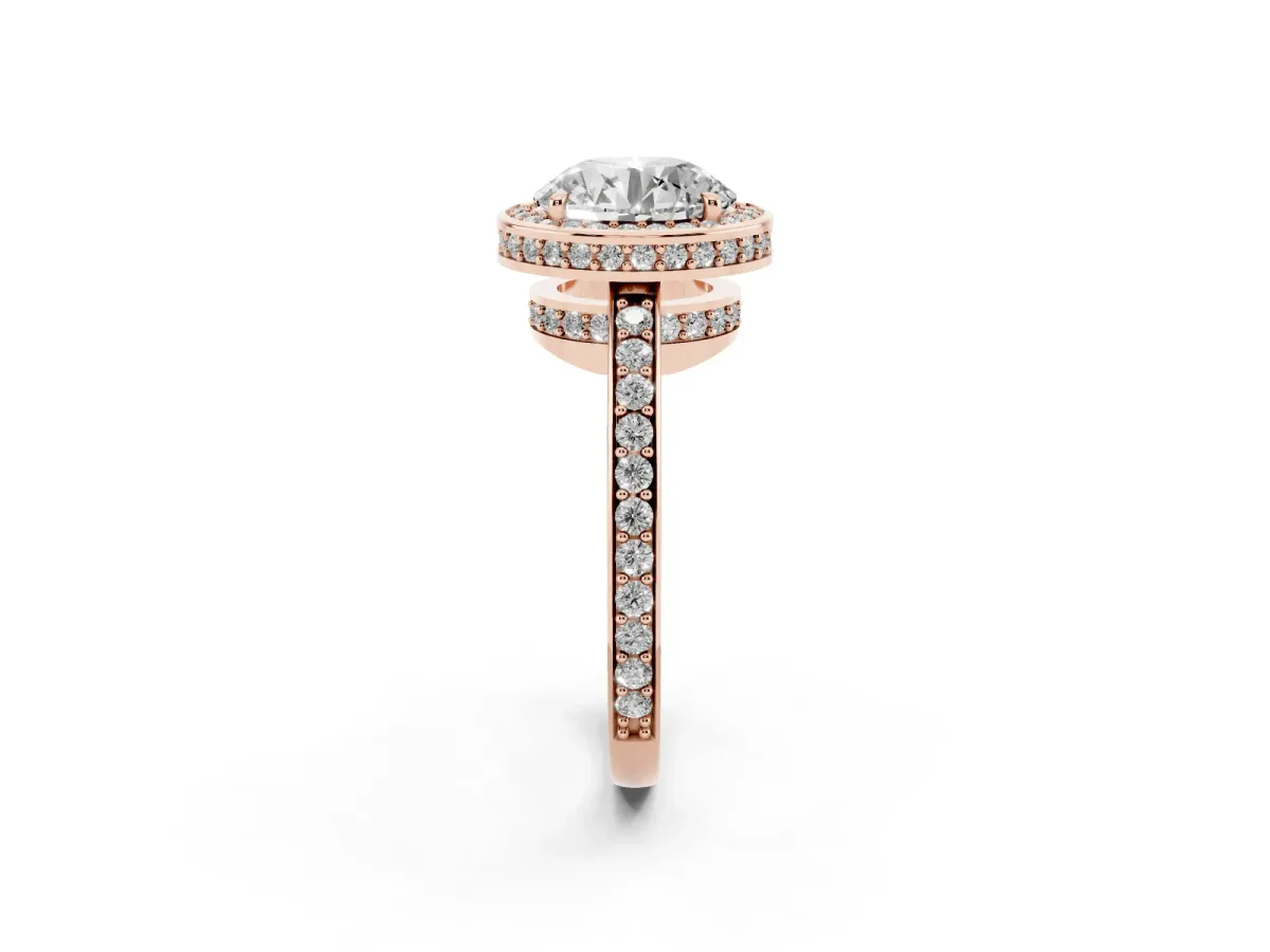 Round Cut Halo Pave Band Solitaire Ring with Prong Setting Rose gold