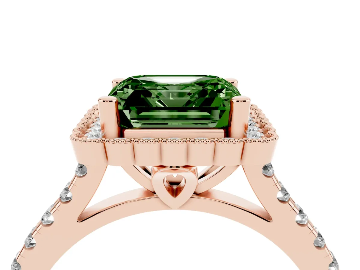 Fancy Green Asscher Cut Cut Diamond Milgrain Floral Halo Engagement Ring with Pavé Band Rose gold