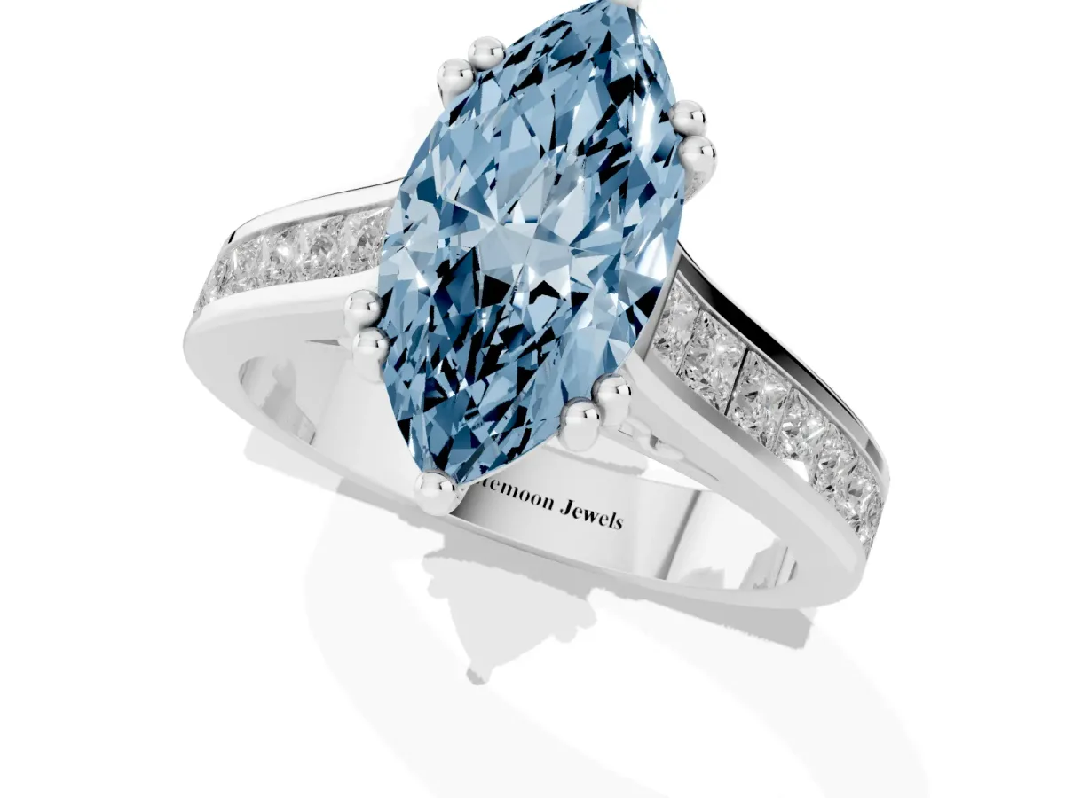 Fancy Blue Marquise Cut Cut Channel Set Solitaire Engagement Ring with Prong Setting Silver