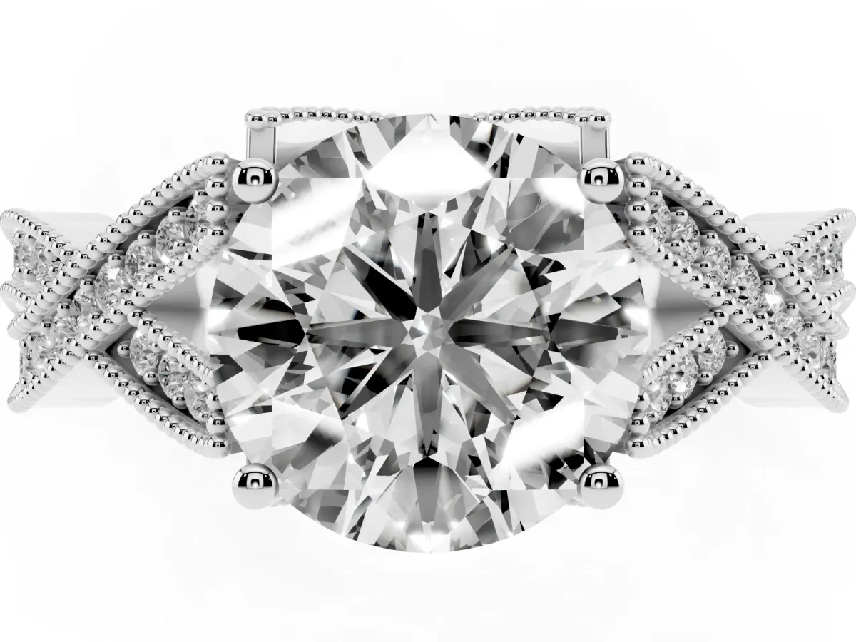 Round Cut Cut Diamond Twisted Band with Milgrain Pave Setting and Four-Prong Setting Silver