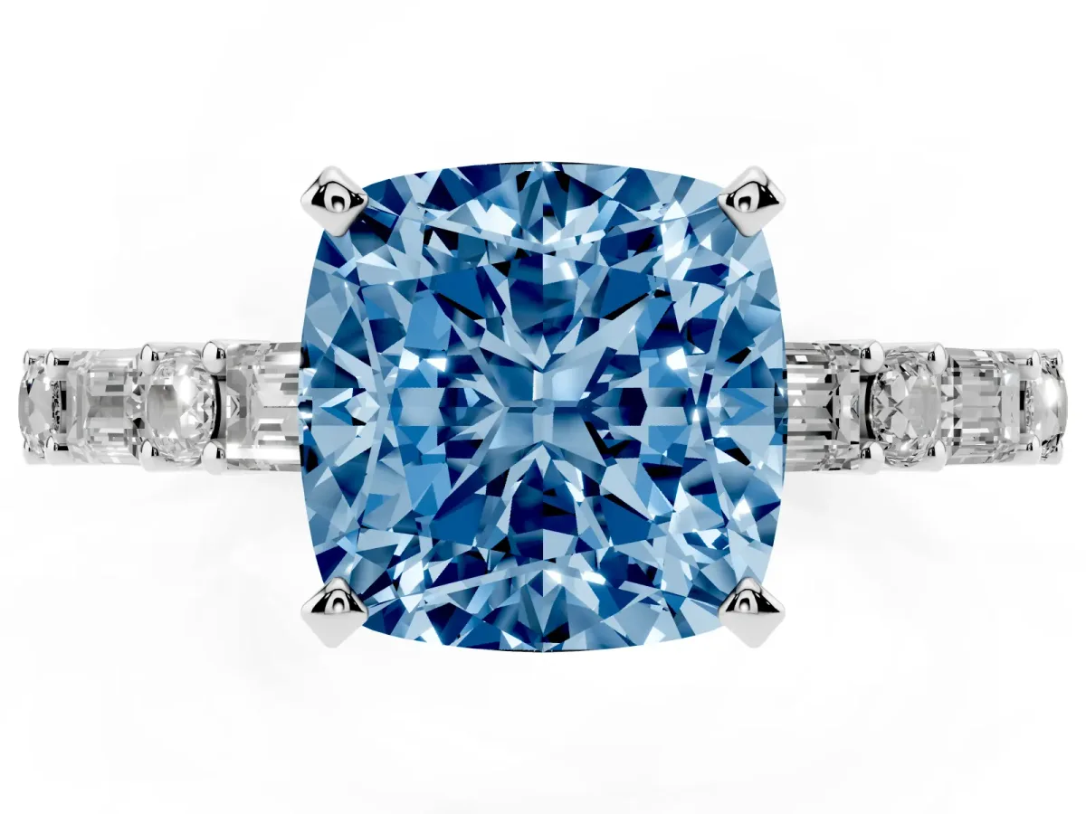 Fancy Blue Cushion Cut Diamond Solitaire with Side Baguettes and Channel Set Band Platinum