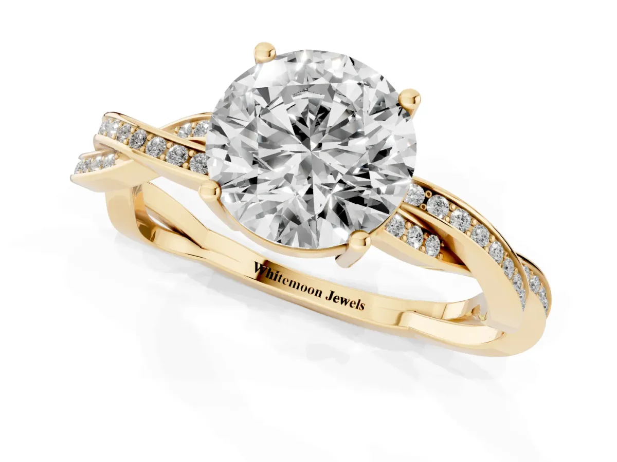 Round Cut Solitaire Twisted Pave Diamond Ring with Four-Prong Setting Yellow gold