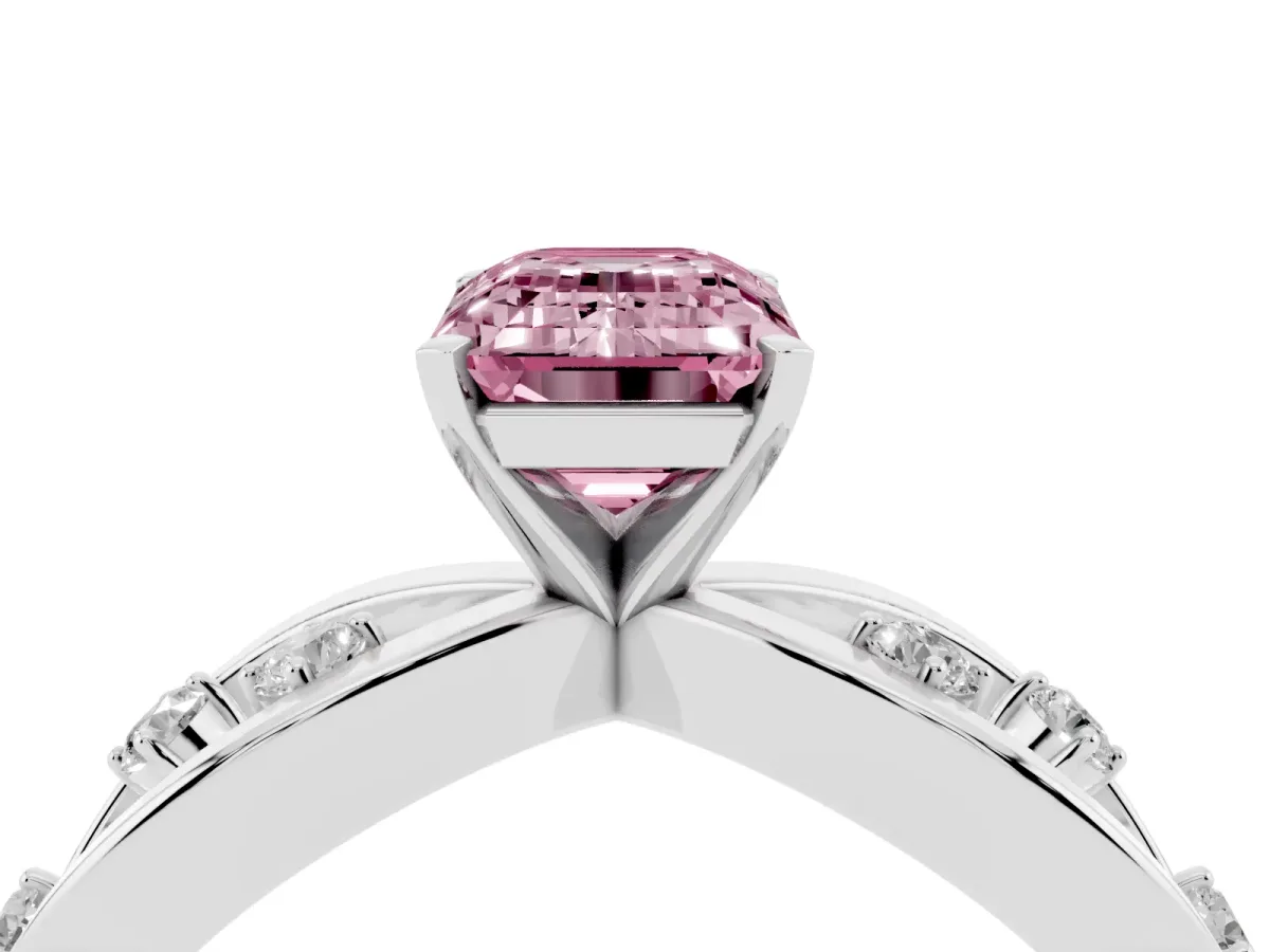 Fancy Pink Emerald Cut Cut Solitaire Diamond with Side Stones on Criss-Cross Band and Four-Prong Setting Silver