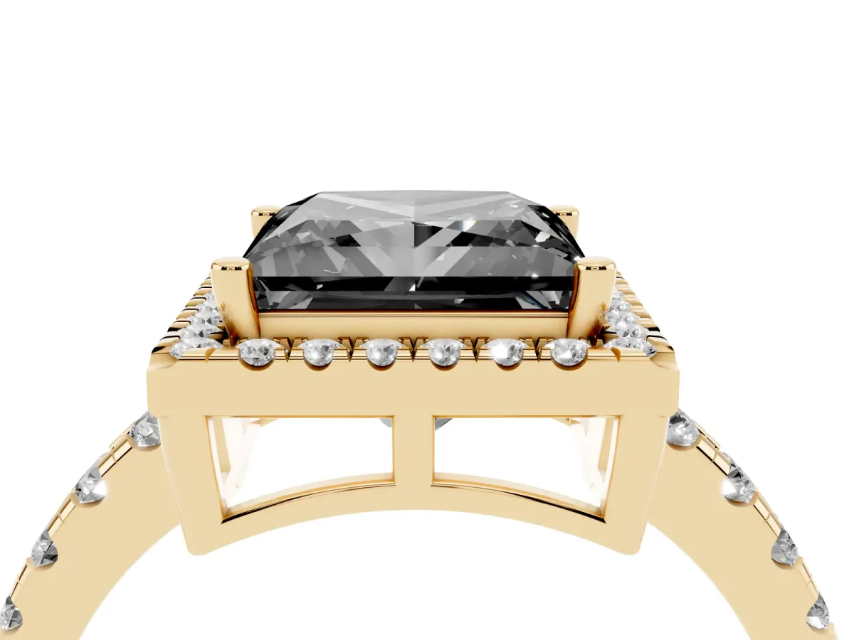 Fancy Black Princess Cut Diamond Halo Ring with Pavé Band and Four-Prong Setting Yellow gold