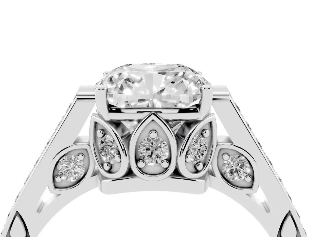 Cushion Cut Cut Cathedral Pave Diamond Engagement Ring with Six-Prong Setting Silver