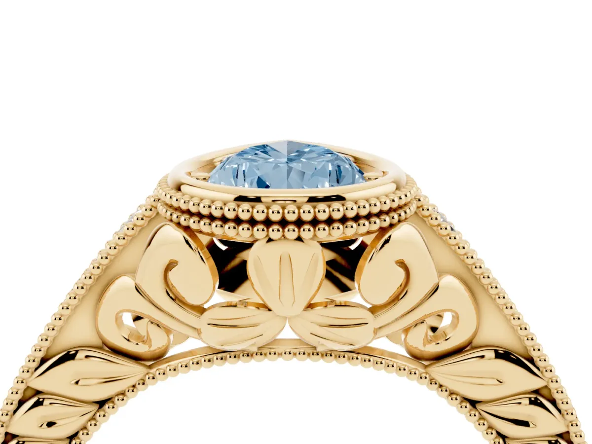 Fancy Blue Bezel Set Pear Cut Diamond Milgrain Pave Engagement Ring Yellow gold