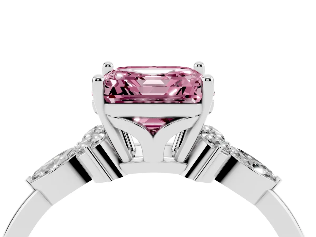 Fancy Pink Asscher Cut Brilliant Diamond Solitaire Ring with Pear Side Stones and Four-Prong Setting Platinum