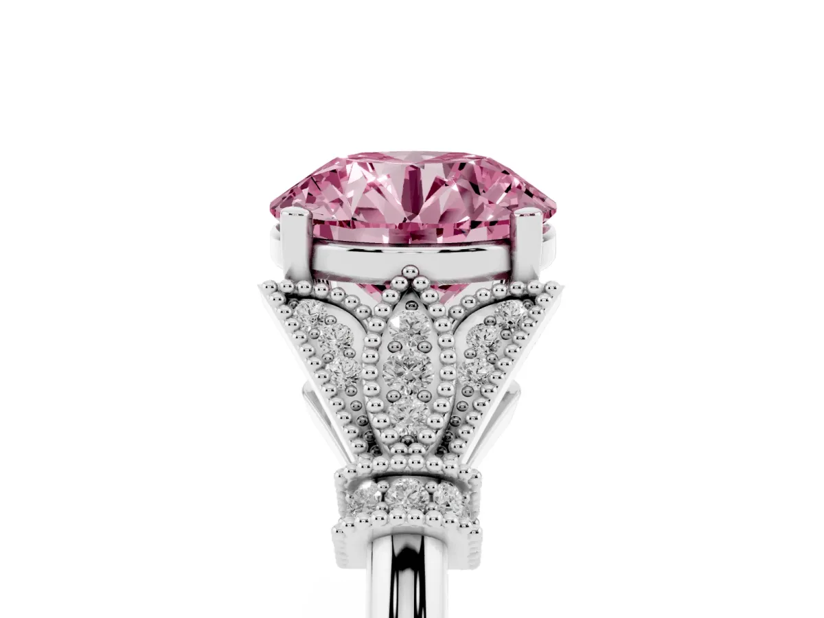 Fancy Pink Round Cut Diamond Solitaire Ring with Floral Filigree and Pave Accents White gold