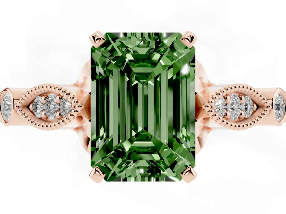 Fancy Green Emerald Cut Cut Diamond with Milgrain Marquise and Bezel Accents on a Solitaire Band with Prong Setting Rose gold