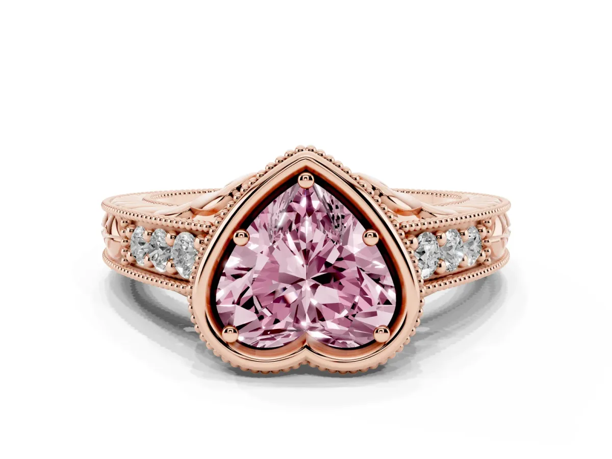 Fancy Pink Bezel Set Heart Cut Diamond Milgrain Pave Engagement Ring Rose gold