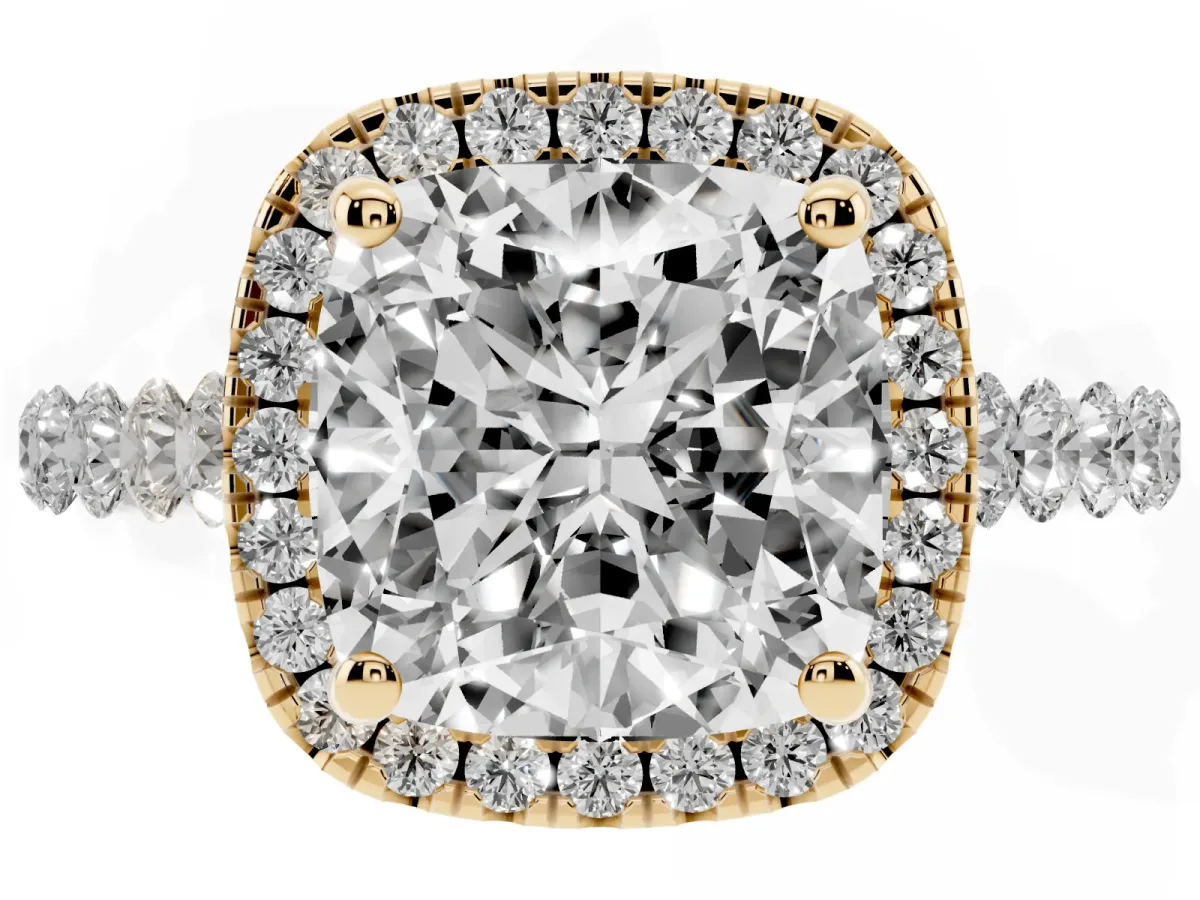 Cushion Cut Halo Pavé Diamond Engagement Ring with Four-Prong Setting Yellow gold