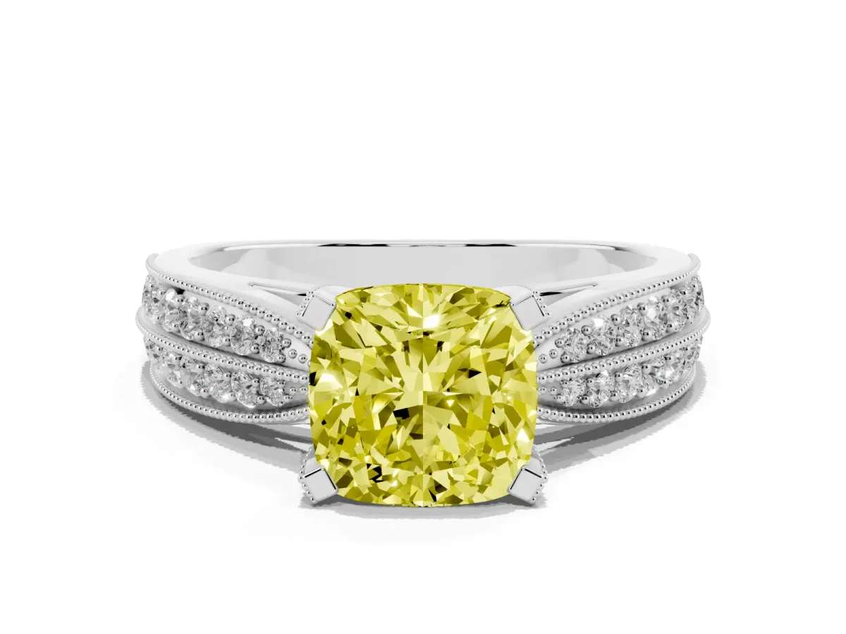 Fancy Yellow Cushion Cut Diamond Solitaire Ring with Milgrain Round Pavé Band and Prong Setting Silver