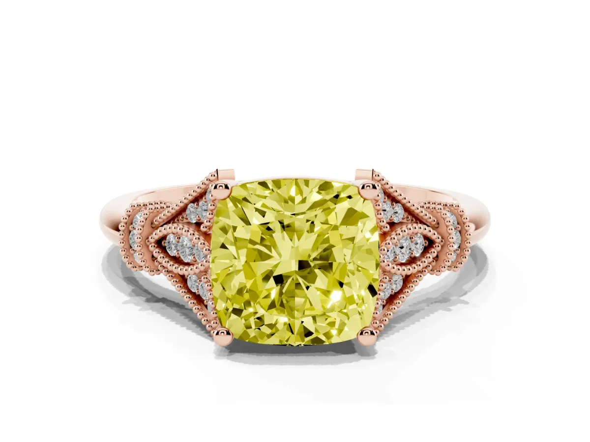 Fancy Yellow Cushion Cut Diamond Solitaire Ring with Floral Filigree and Pave Accents Rose gold