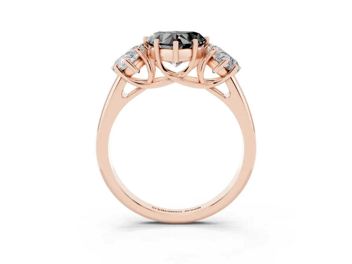 Fancy Black Three-Stone Heart Cut Diamond Engagement Ring with Prong Setting Rose gold