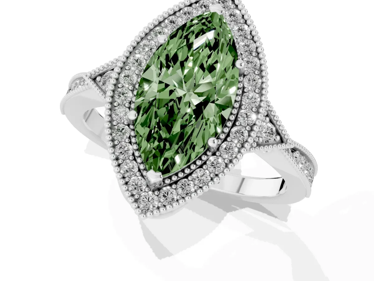 Fancy Green Marquise Cut Halo Round Diamond Milgrain Pave Engagement Ring Silver