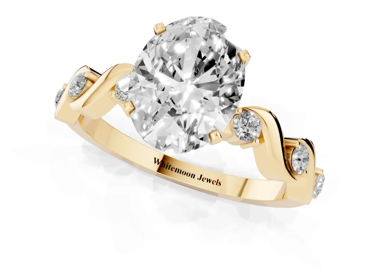 Oval Cut Diamond Solitaire Twisted Band with Round Accents and Prong Setting Yellow gold