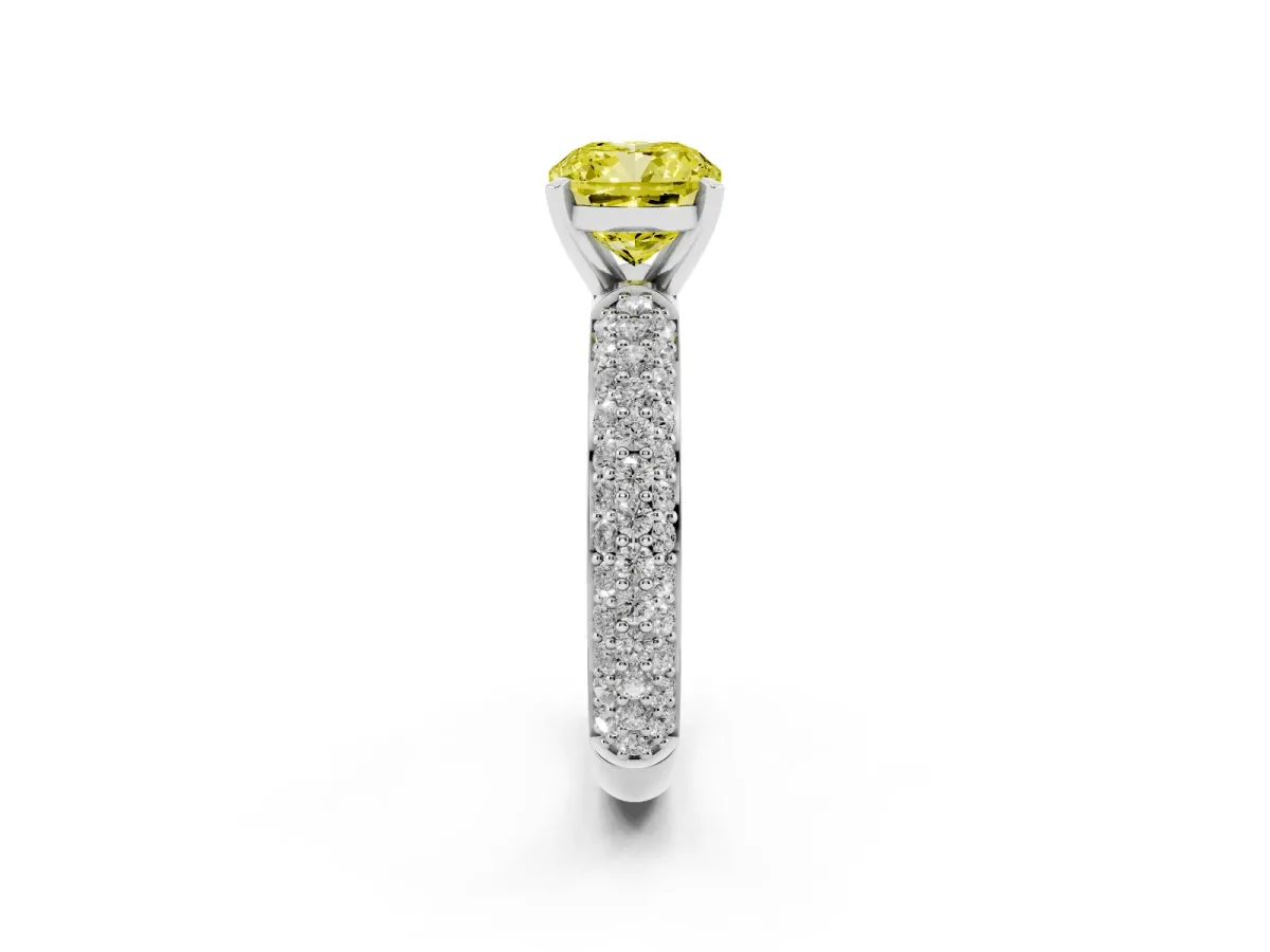Fancy Yellow Cushion Cut Diamond Solitaire Ring with Prong Setting and Pavé Band Silver