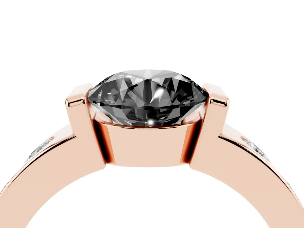 Fancy Black Round Cut Brilliant Channel-Set Diamond Ring with Bezel Prong Setting Rose gold