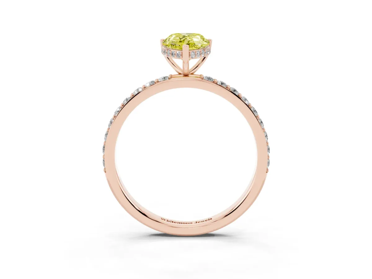 Fancy Yellow Pear Cut Diamond Solitaire Ring with Pavé Band and Hidden Halo Rose gold