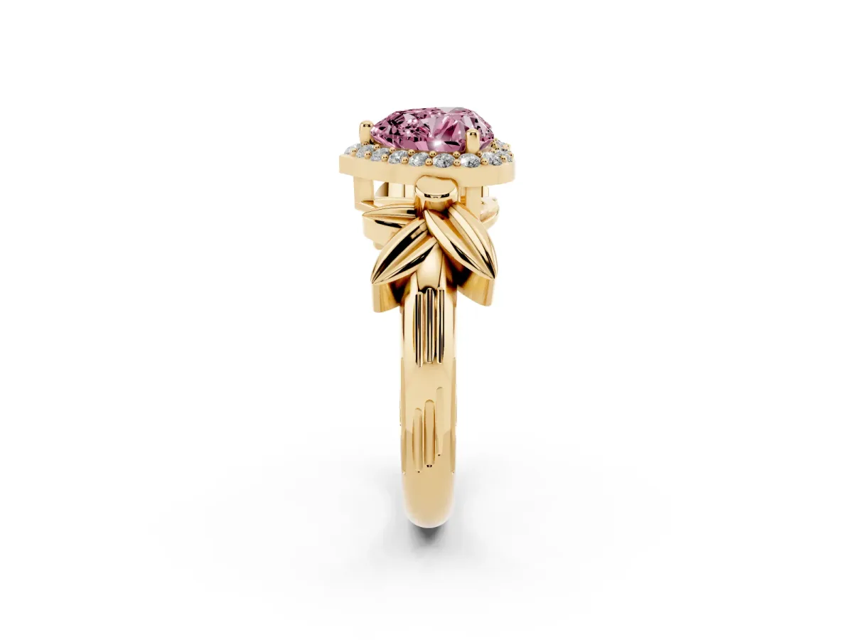 Fancy Pink Heart Cut Halo Diamond Floral Band with Four-Prong Setting Yellow gold