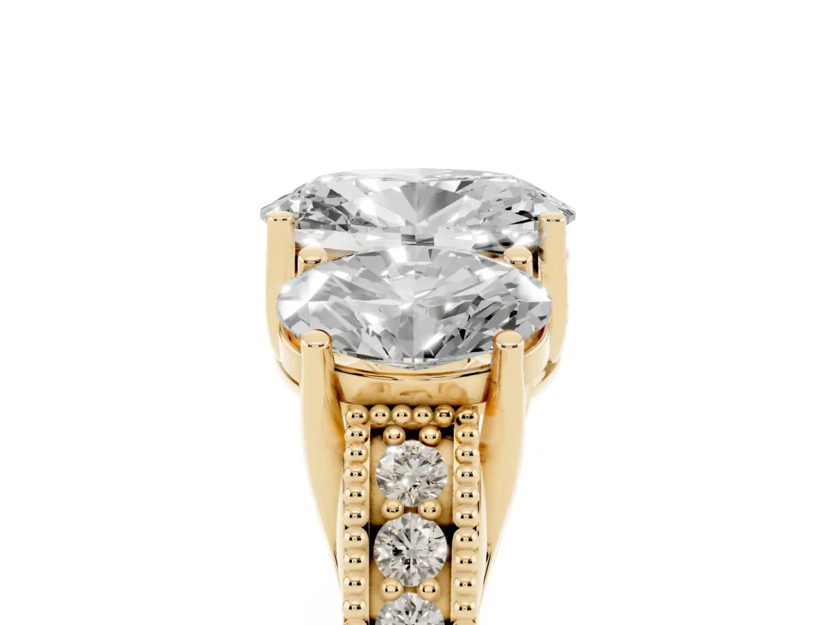 Three-Stone Oval Cut Cut Milgrain Pavé Engagement Ring Yellow gold