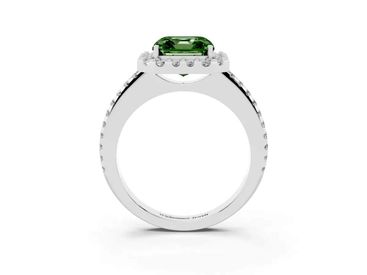 Fancy Green Asscher Cut Diamond Pavé Halo Ring with Four-Prong Setting Silver