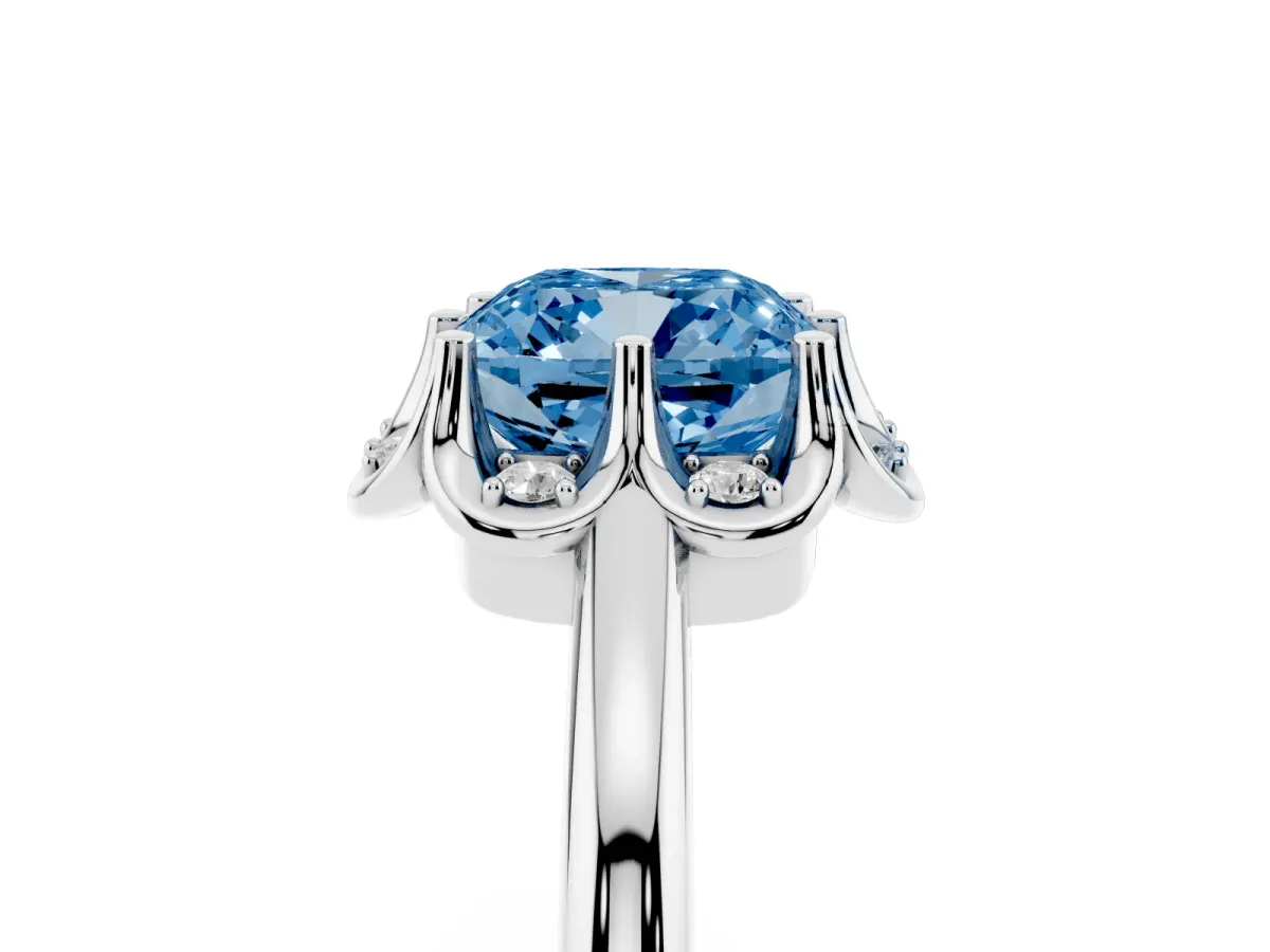 Fancy Blue Cushion Cut Halo Diamond Ring with Round Cluster Setting, Solitaire Band, and Four-Prong Setting White gold
