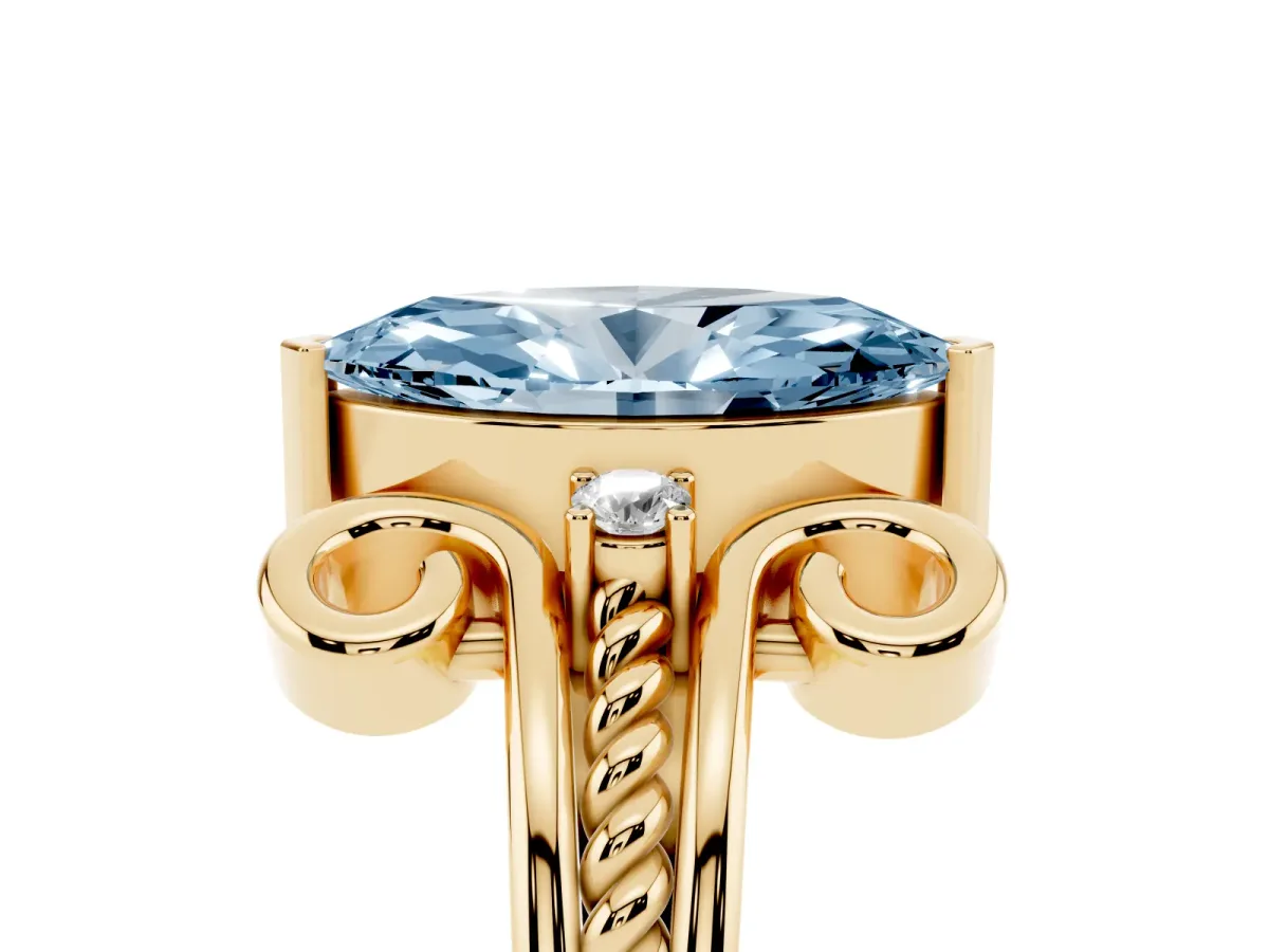 Fancy Blue Marquise Cut Solitaire Twisted Band Scroll Prong Ring Yellow gold