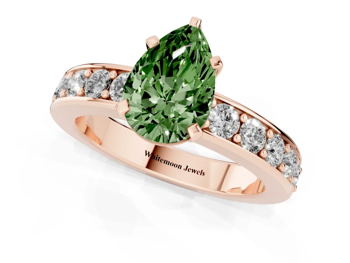 Fancy Green Pear Cut Diamond Engagement Ring with Channel Set Round Band and Prong Setting Rose gold