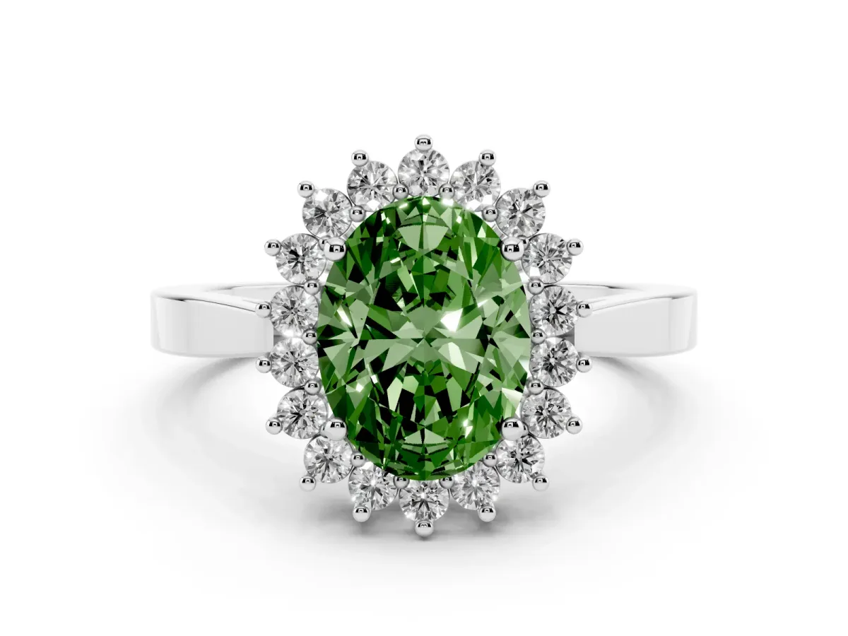 Fancy Green Oval Cut Cut Diamond Halo Ring with Round Brilliant Halo and Solitaire Band Silver