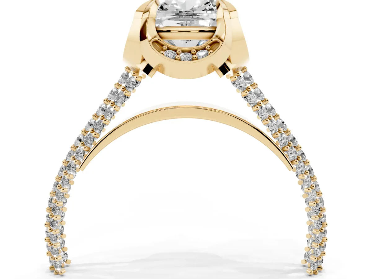 Cushion Cut Solitaire Pave Split Shank Ring with Four-Prong Setting Yellow gold
