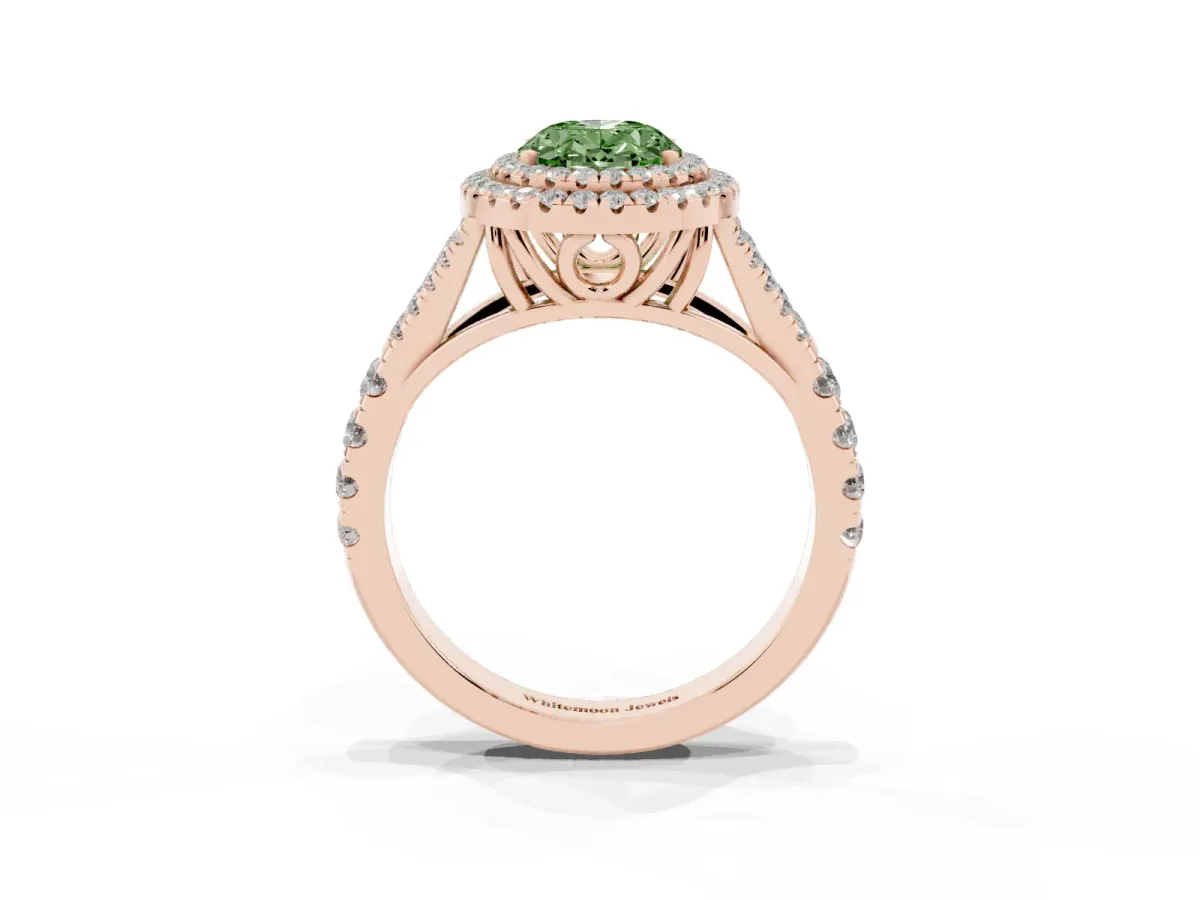 Fancy Green Double Halo Oval Cut Diamond Split Shank Engagement Ring with Four-Prong Setting Rose gold