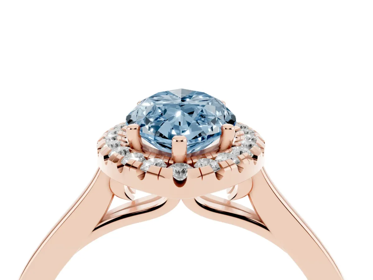 Fancy Blue Marquise Cut Halo Round Diamond Solitaire Ring with Pavé Band and Four-Prong Setting Rose gold