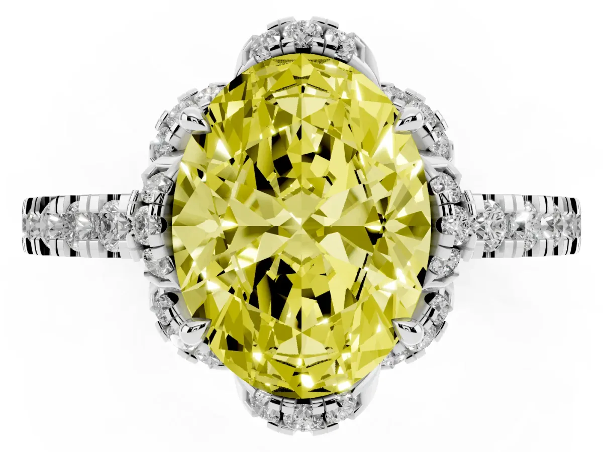 Fancy Yellow Oval Cut Diamond Halo Pave Band with Four-Prong Setting Silver