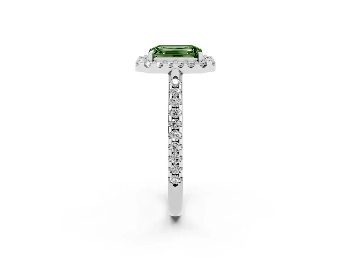 Fancy Green Emerald Cut Diamond Pavé Halo Ring with Four-Prong Setting Silver